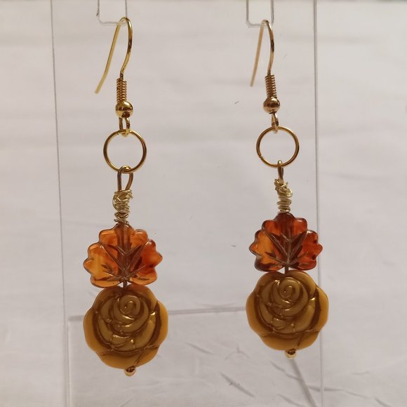 Steel Handmade Hand Crafted Leaf & Rose Beaded Dangle Earrings #55 - Picture 1 of 14
